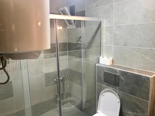 La salle de bains est pourvue de toilettes et d'une douche en verre. dans l'établissement Um Uthaina Place, à Amman