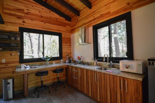 een keuken met twee wastafels en twee ramen in een huisje bij Cabaña Citrus para parejas in Mazamitla
