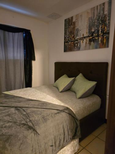 ein Bett mit zwei Kissen darauf in einem Schlafzimmer in der Unterkunft 75 metros de la embajada americana in San José