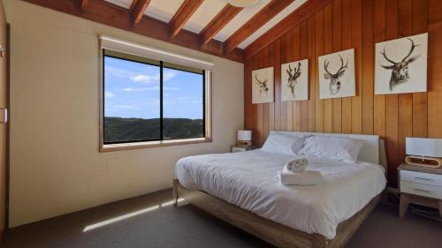 a bedroom with a bed and a window with deer heads on the wall at 1750 Hotham 12 in Mount Hotham
