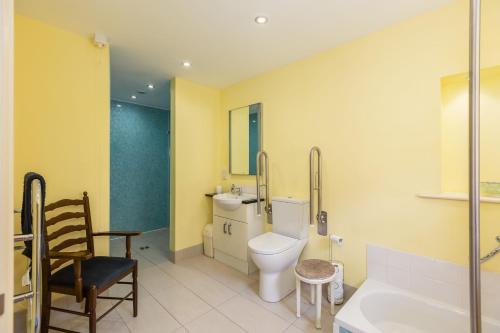 uma casa de banho com um WC, um lavatório e uma cadeira em Long Shed Cottage em Thirsk