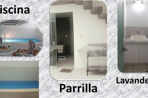 un collage de quatre photos d'une salle de bains et d'une cuisine dans l'établissement Departamento en playa Chocaya. Disfruta del mar, la piscina y la tranquilidad., à Asia