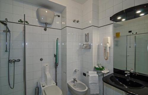 a bathroom with a toilet and a sink and a shower at Hotel Rex in Lucca