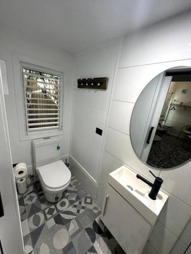 a white bathroom with a toilet and a mirror at NEW! Sea Joley Tiny Home in Nelly Bay