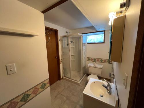 a small bathroom with a sink and a shower at Cozy shared bagpackers in in Delta