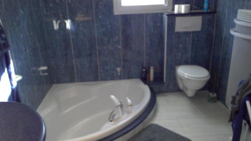 une salle de bain avec baignoire et toilettes dans l'établissement Grande maison à louer à La Londe les maures, à La Londe-les-Maures