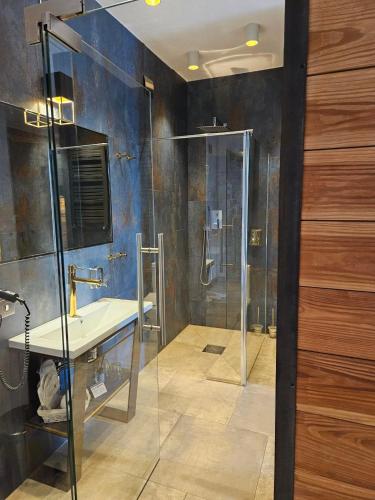 a bathroom with a shower and a sink at Zajazd Karczma Zagłoba in Świdnica