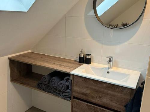 a bathroom with a sink and a mirror at Modern spacious holiday home with lovely backyard and veranda in Limmen in Limmen