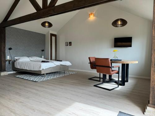 a bedroom with a bed and a desk and a table at Vakantie appartementen Sylsicht in Sexbierum