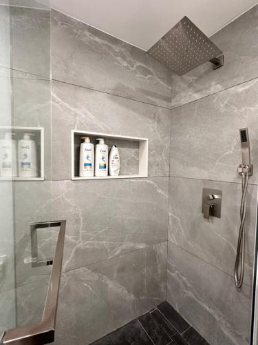 a bathroom with a shower with two bottles of soap at Riverwood Home in Mississauga