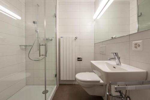 uma casa de banho com um WC, um lavatório e um chuveiro em Gasthof Oxen em Küsnacht