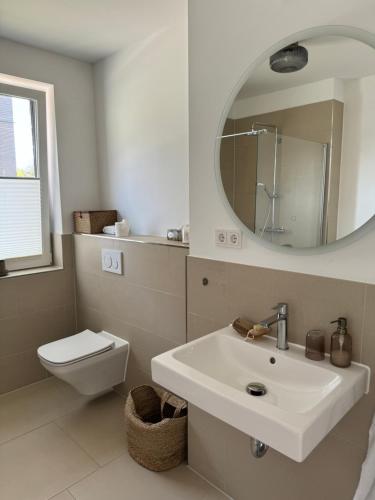 ein Badezimmer mit einem Waschbecken, einem WC und einem Spiegel in der Unterkunft Allerinsel - Appartement am Celler Yachthafen in Celle