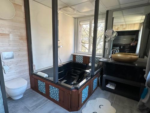 une salle de bain avec une baignoire, des toilettes et un lavabo dans l'établissement Les bains de l 'abbaye, à Lau-Balagnas