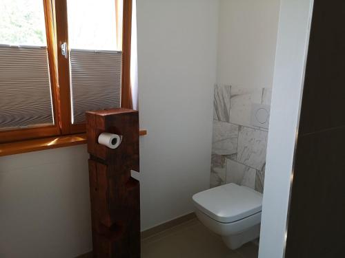 a bathroom with a toilet and a toilet paper dispenser at Ferienwohnungen in der Wassermühle am Schloss in Königs Wusterhausen