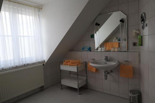 a bathroom with a sink and a mirror at Hotel & Restaurant Mainaublick in Uhldingen-Mühlhofen