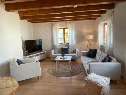 ein Wohnzimmer mit 2 Sofas und einem TV in der Unterkunft Landhaus an den Weinbergen in Pfaffenweiler