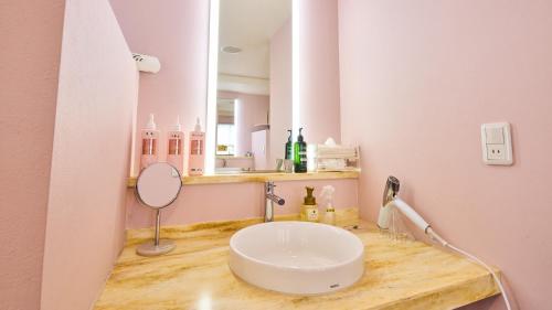 a bathroom with a sink and a mirror at Miyazaki Daiichi Hotel in Miyazaki