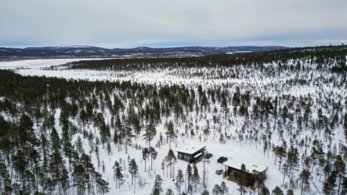 una vista aérea de un bosque nevado con árboles en Villa Paatari, Inari (Paadarjärvi), en Inari