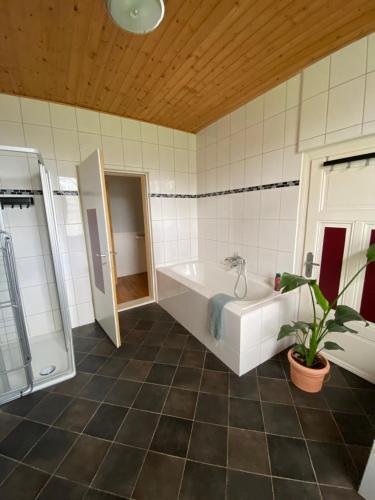 a bathroom with a tub and a shower and a plant at Ferienwohnung Eddelhoff in Walsrode