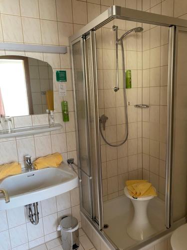 a bathroom with a shower and a sink at Hotel & Restaurant Mainaublick in Uhldingen-Mühlhofen