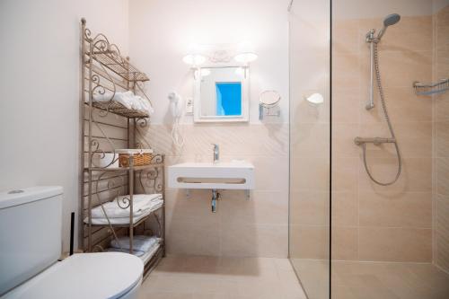 a bathroom with a shower and a toilet and a sink at Silene Resort & SPA Egles Villa in Silene