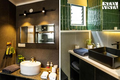 - deux photos d'une salle de bains avec lavabo et miroir dans l'établissement StayVista at Home By The Pinakini - The Hidden Gem, à Whitefield