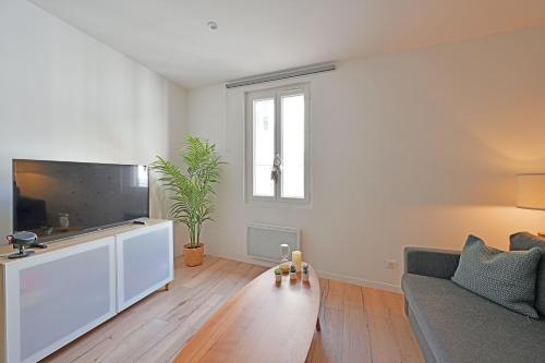 un salon avec un canapé et une télévision à écran plat dans l'établissement Studio Arthur - Proche Théatres et Place des corps saints - WIFI, à Avignon