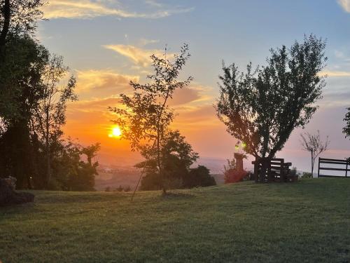 een zonsondergang in een veld met een bank en bomen bij Casale san Valentino in Tavullia