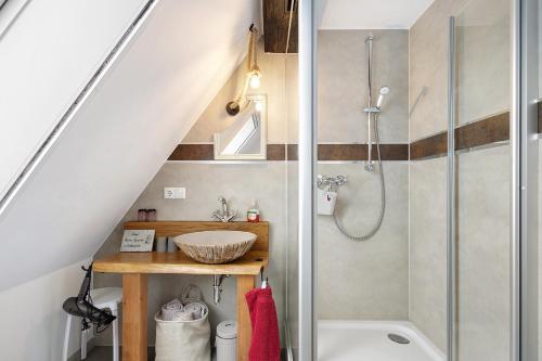 a bathroom with a shower and a sink at Stub'n Ludwig in Waischenfeld