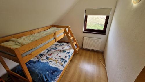 Dormitorio pequeño con litera y ventana en Trebecaj gardens en Trnovo