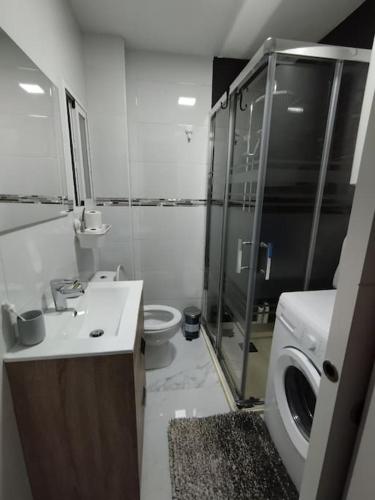 a bathroom with a shower and a sink and a toilet at Apartamento acogedor. in Gelves