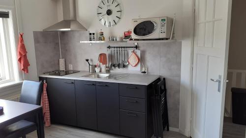 cocina con fregadero y microondas en Boxtel, Appartement (1-4p) nabij station/centrum, en Boxtel