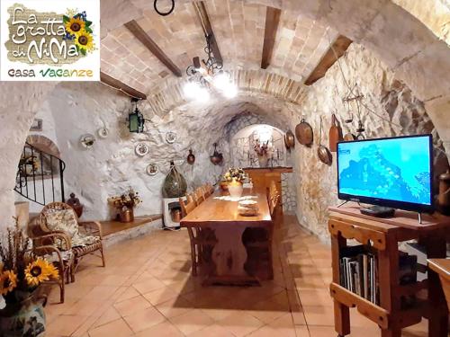 uma sala de estar com televisão e uma parede de pedra em La grotta di NiMa em Pretoro