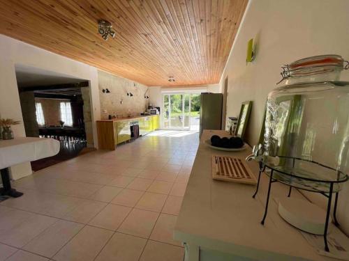 une grande cuisine avec un aquarium sur un comptoir dans l'établissement Vaste Maison à la campagne, à Saint-Paterne-Racan