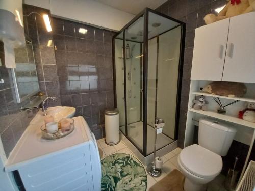uma casa de banho com um chuveiro, um WC e um lavatório. em Rose huisje em Antuérpia