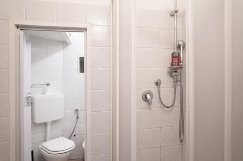 La salle de bains est pourvue d'une douche et de toilettes. dans l'établissement HouseInGenoaCenter Parking, à Gênes