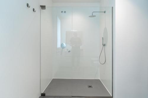 a bathroom with a shower with a glass door at Amare Suite & Apartments in Bellaria-Igea Marina