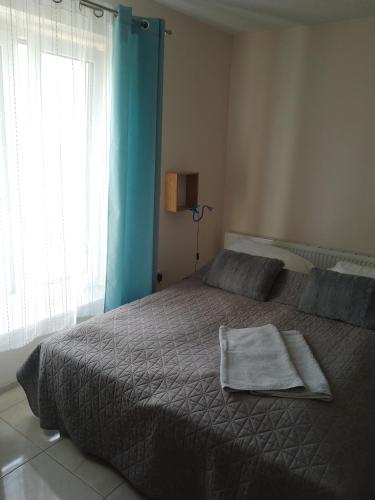 a bedroom with a bed with a blanket and a window at Motel Królowej Jadwigi Alicja Szymańska in Sandomierz