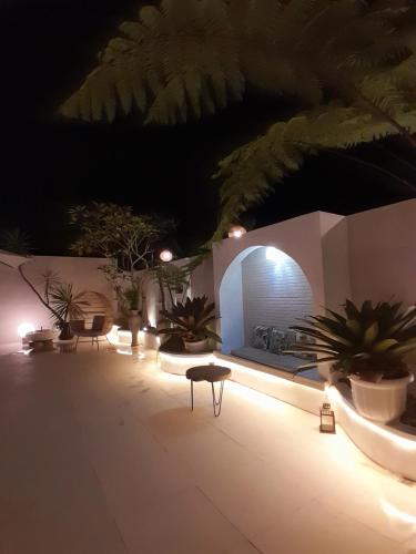 a patio with potted plants and lights at night at Villa Padi Pakem in Pakem