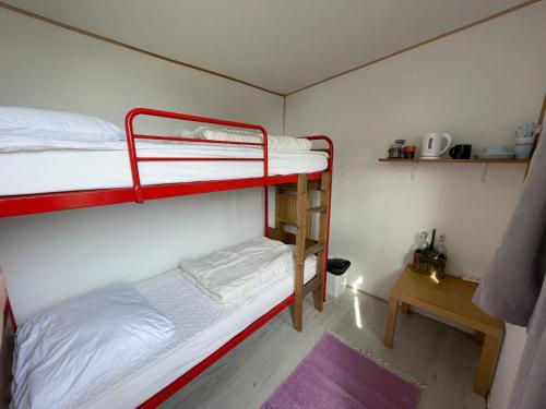 a small room with two bunk beds and a table at Sovgodt Nyord in Nyord