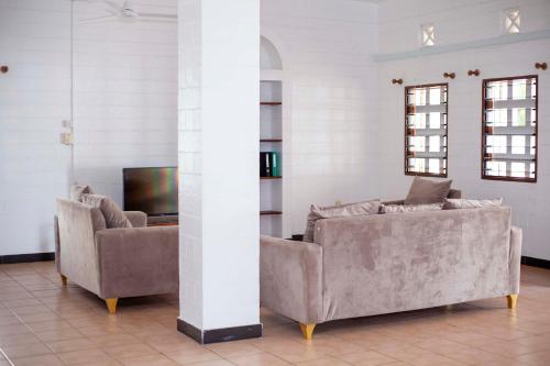 達累斯薩拉姆的住宿－EAZY BREEZY BACKPACKERS，客厅配有两张沙发和一台电视机