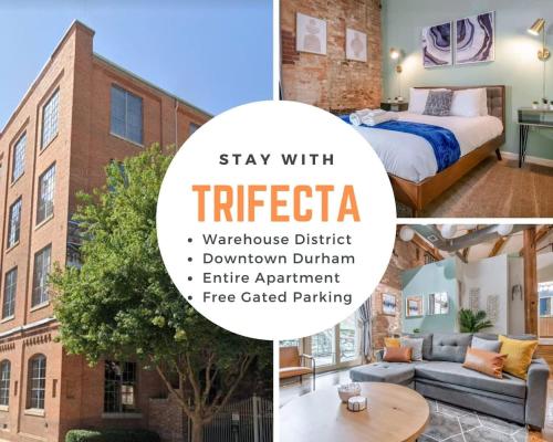 a collage of four photos of a hotel room at 100 Year-Old Historic Brick 2BR Loft & Large Patio & Hammocks & High Ceiling in Durham