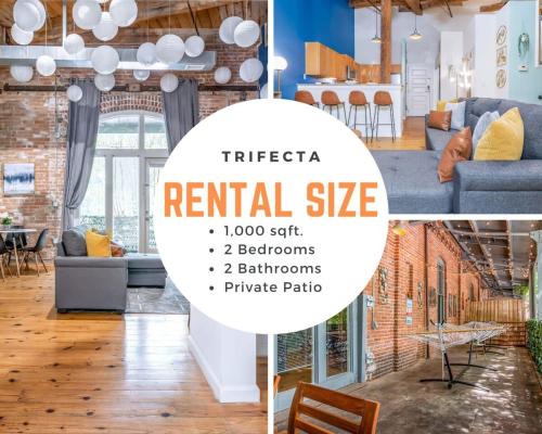 a collage of photos of a living room and a rental size at 100 Year-Old Historic Brick 2BR Loft & Large Patio & Hammocks & High Ceiling in Durham