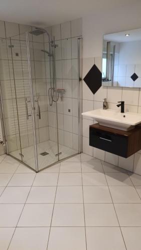 瓦爾斯泰因的住宿－Ferienwohnung am Wald，带淋浴、盥洗盆和镜子的浴室