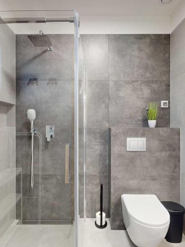 a bathroom with a toilet and a glass shower at Apartamenty SOLEIL in Sarbinowo