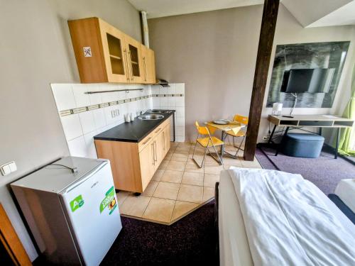 a small kitchen with a refrigerator and a table at Family hotel Maxim in Beroun