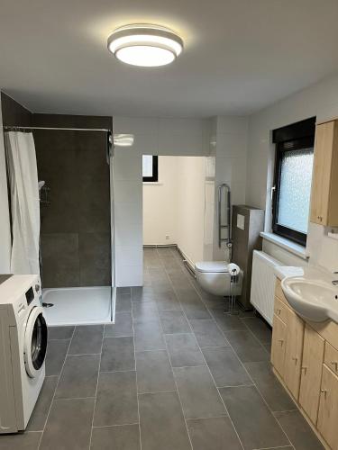 a bathroom with a shower sink and a washing machine at Apartments zum Wildgehege in Siegen