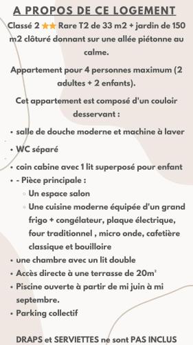 Suberbe T2 climatisé avec piscine et jardin de 150m2