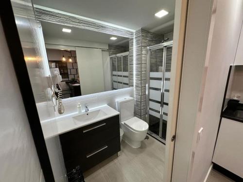 ein Badezimmer mit einem Waschbecken, einem WC und einem Spiegel in der Unterkunft Cozy studio for 4 pax in Gran Via - M1 in Madrid