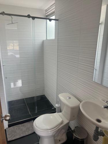 a bathroom with a toilet and a shower and a sink at Bonito apto Neiva in Neiva